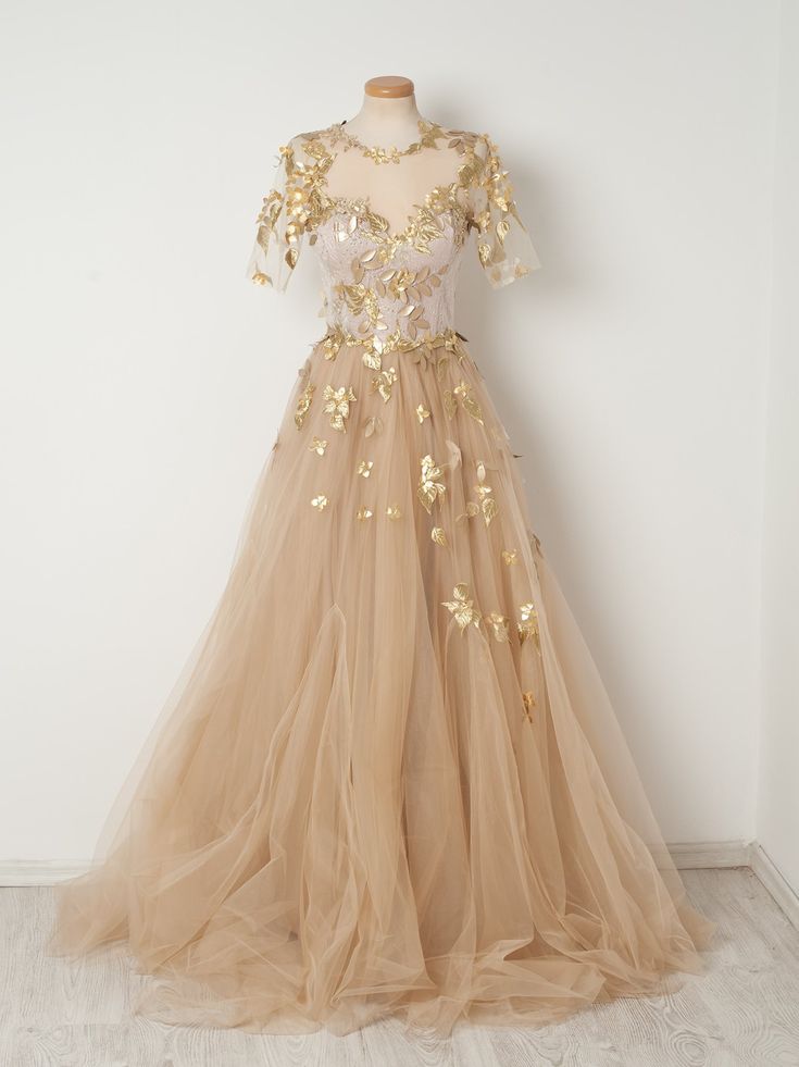 P3423 2021 Gold Appliques Champagne Tulle Prom Dresses,a-line Short Sleeves Long Prom Evening Dresses