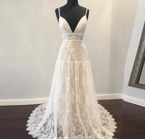 W3425 Bohemian Wedding Dresses 2021 With Deep V Neck Backless Spaghetti Strap Fully Lace Boho Beach Vestido De Noiva Empire Waist Sweep Train