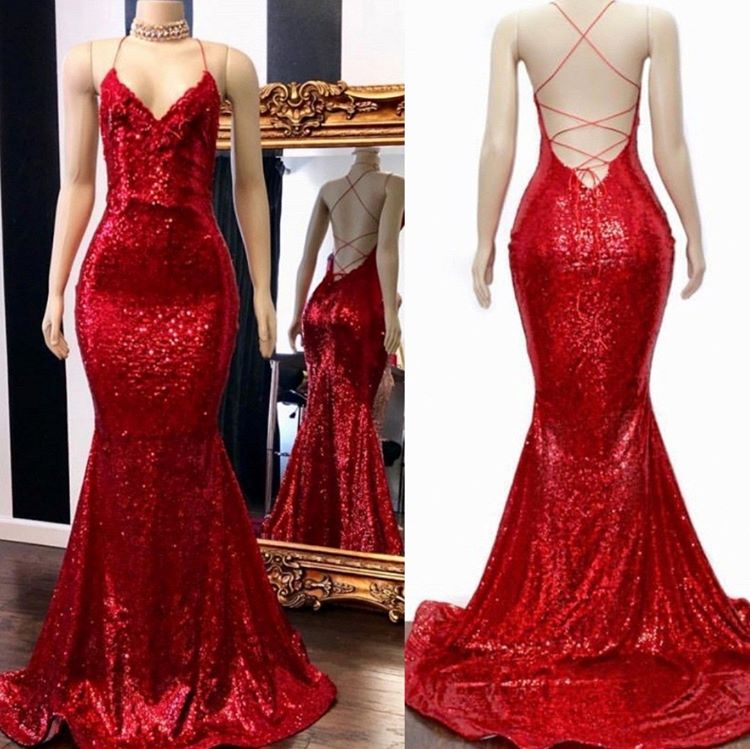 P3427 Red Sequin Prom Dress 2021 Mermaid Sleeveless Long Evening Gown