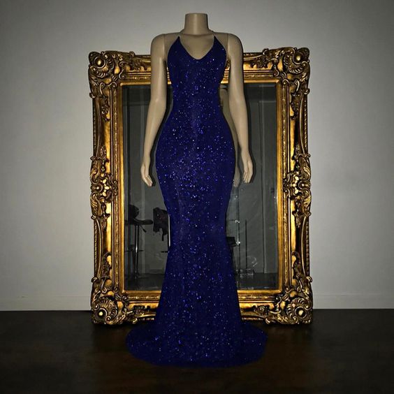 P3428 Royal Blue Sequin Prom Dress 2019 Mermaid Sleeveless Long Evening Gown