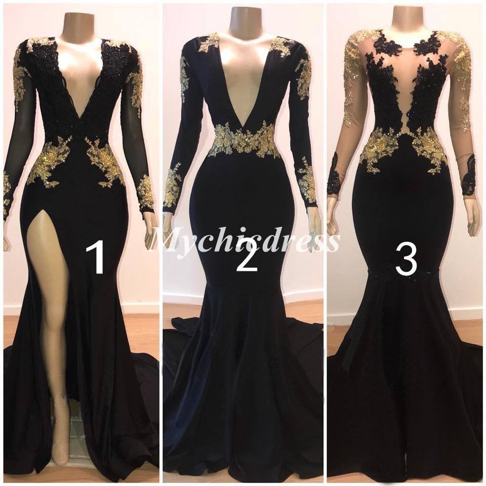P3429 Sexy Black Gold Prom Dresses 2021 Long Sleeve Appliques Evening Gowns