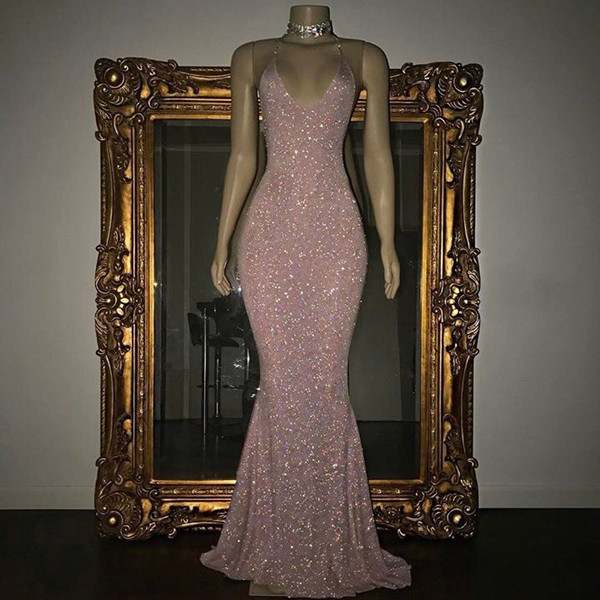 P3430 Rose Pink Sequin Prom Dress 2019 Mermaid Sleeveless Evening Gown Long Spaghetti Strap