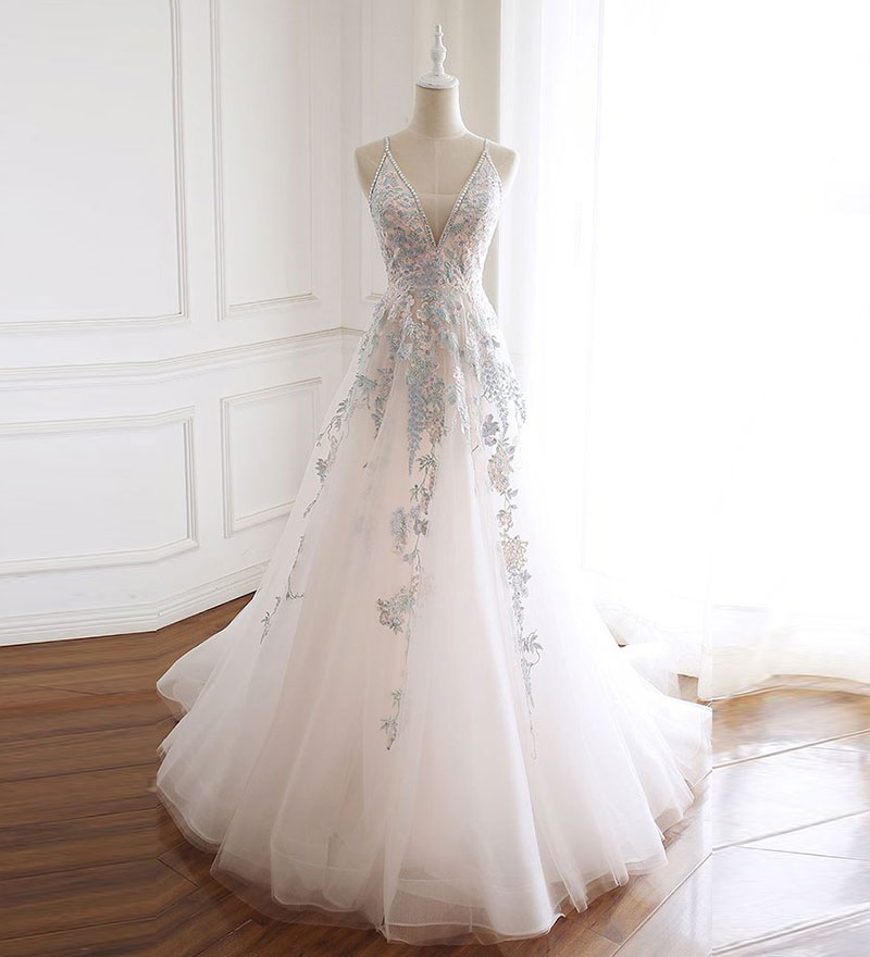 P3432 White V Neck Tulle Lace Long Prom Dress, Lace Evening Dress