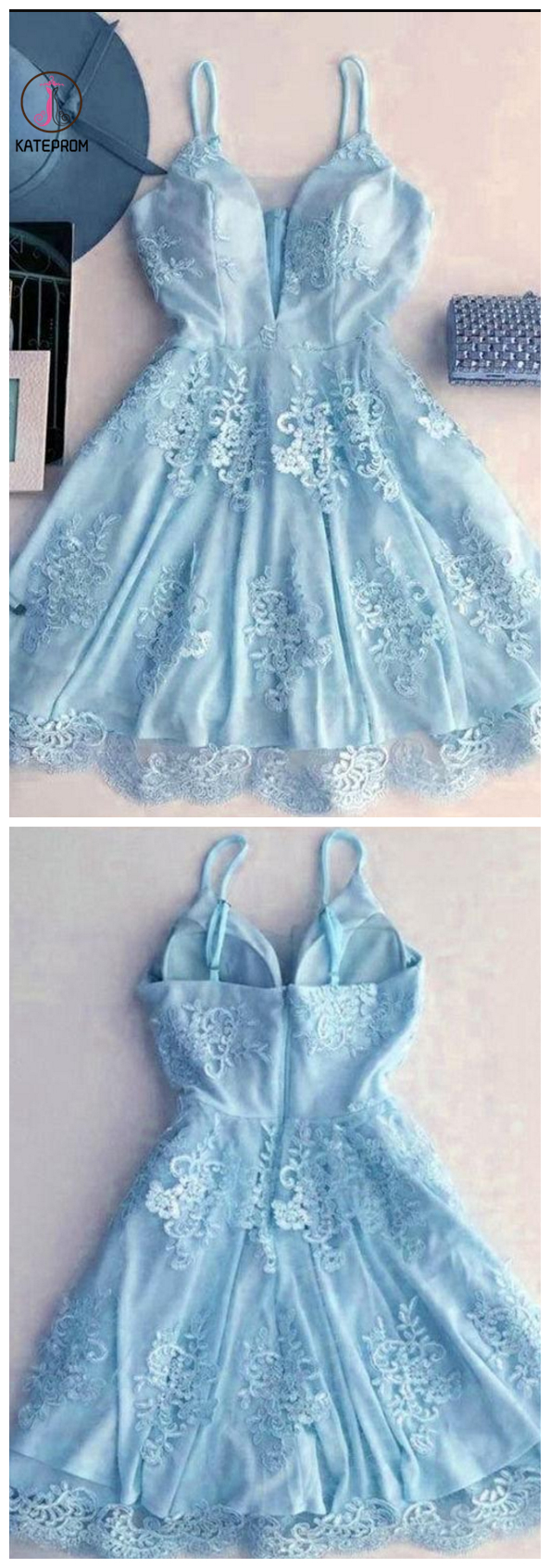 H3433 Light Blue Spaghetti Strap Homecoming Dress,lace Appliqued Short Homecoming Dresses, Sexy Mini Prom Dress