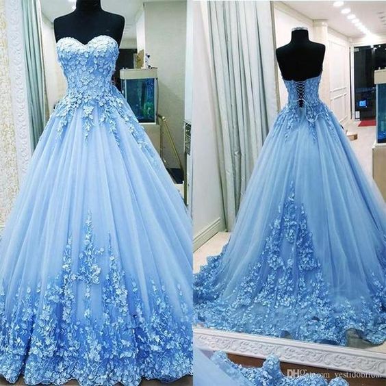 P3434 Elegant Appliques Blue Long Prom Dress, Tulle Formal Evening Dress