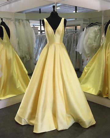 P3440 Deep V-neck Long Satin Floor Length Prom Dress Backless Evening Gowns
