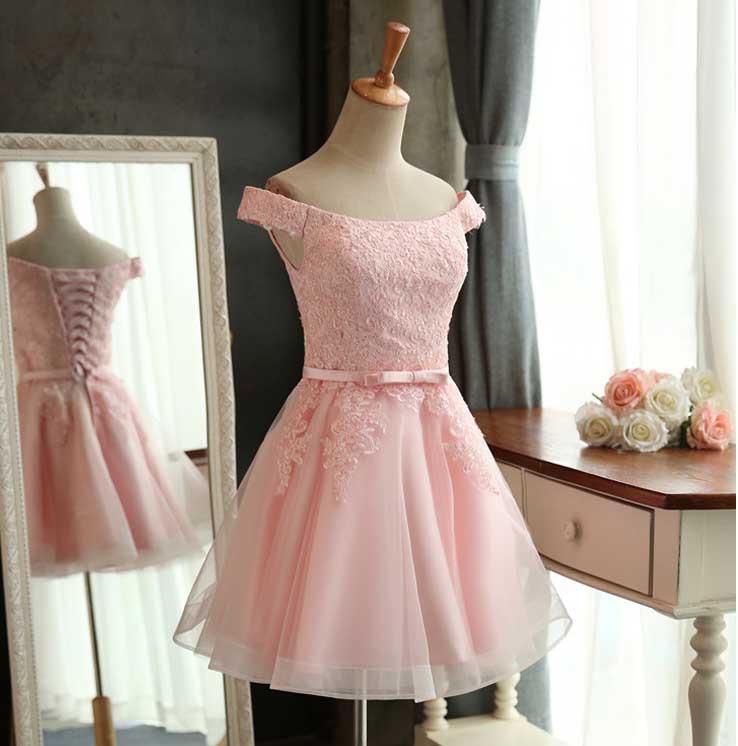 H3448 Off Shoulder Pink Lace Applique Bridesmaid Dress,lace Up Back Homecoming Dress With Sash