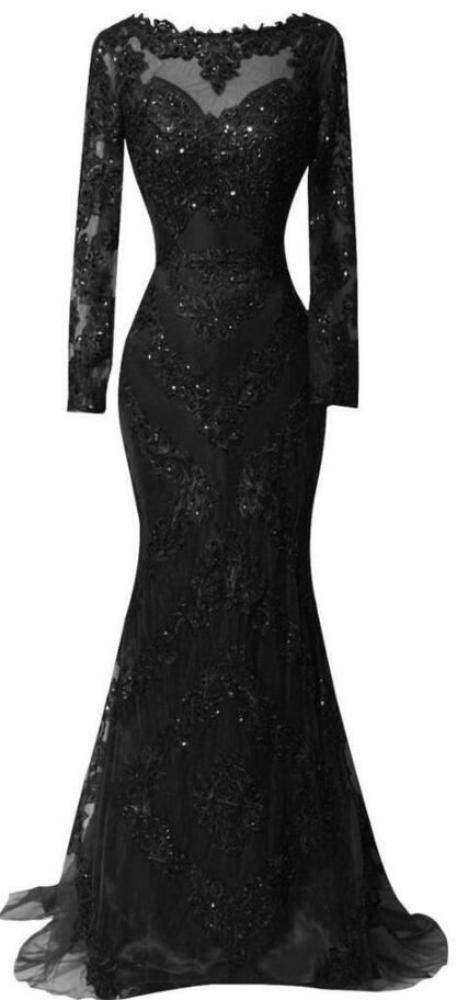P3453 Long Sleeves Prom Dress,black Prom Dress,lace Prom Dress,beading Prom Dress,charming Beading Evening Dress,lace Mermaid Prom Dress
