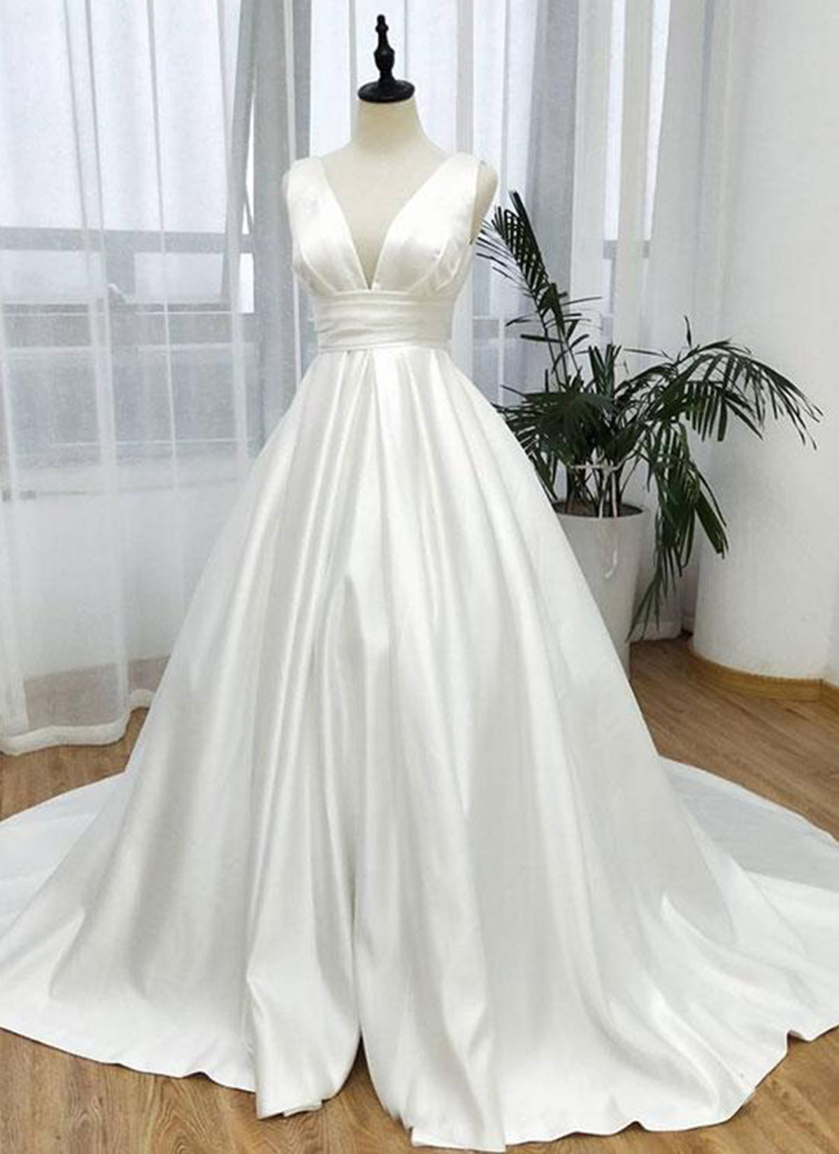 W3456 White Satin Long V Neck Prom Dress, White Evening Dress,elegant Wedding Dress,satin Bridal Dress