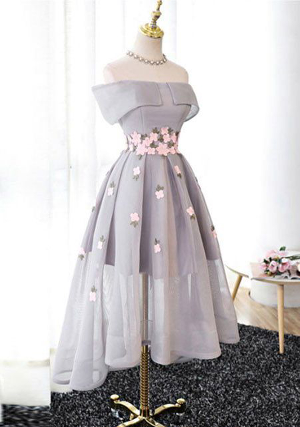 H3458 Gray Chiffon Strapless High Low Homecoming Dress, Gray Party Dress