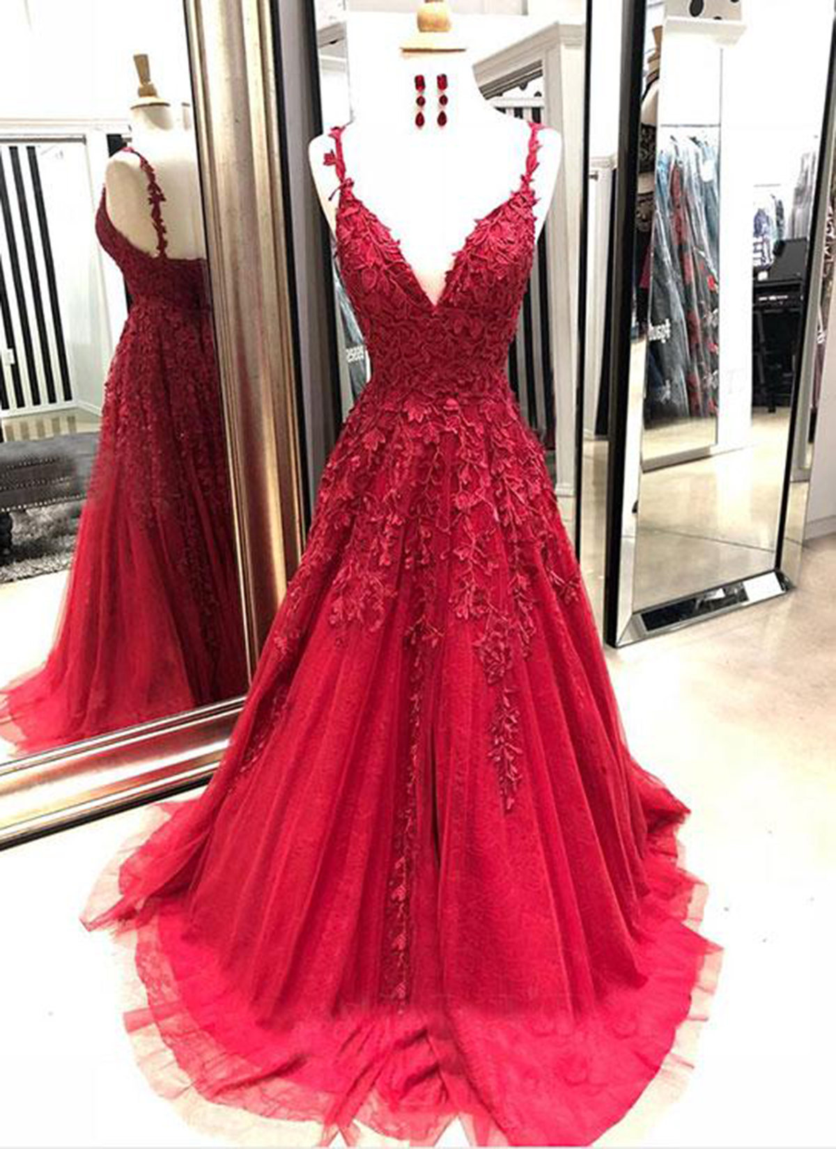 P3461 Burgundy Tulle V Neck Long Spring Prom Dress With Lace Appliqué