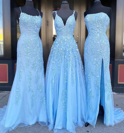 P3463 Blue Tulle Lace Customize Long Prom Dress, Evening Dress