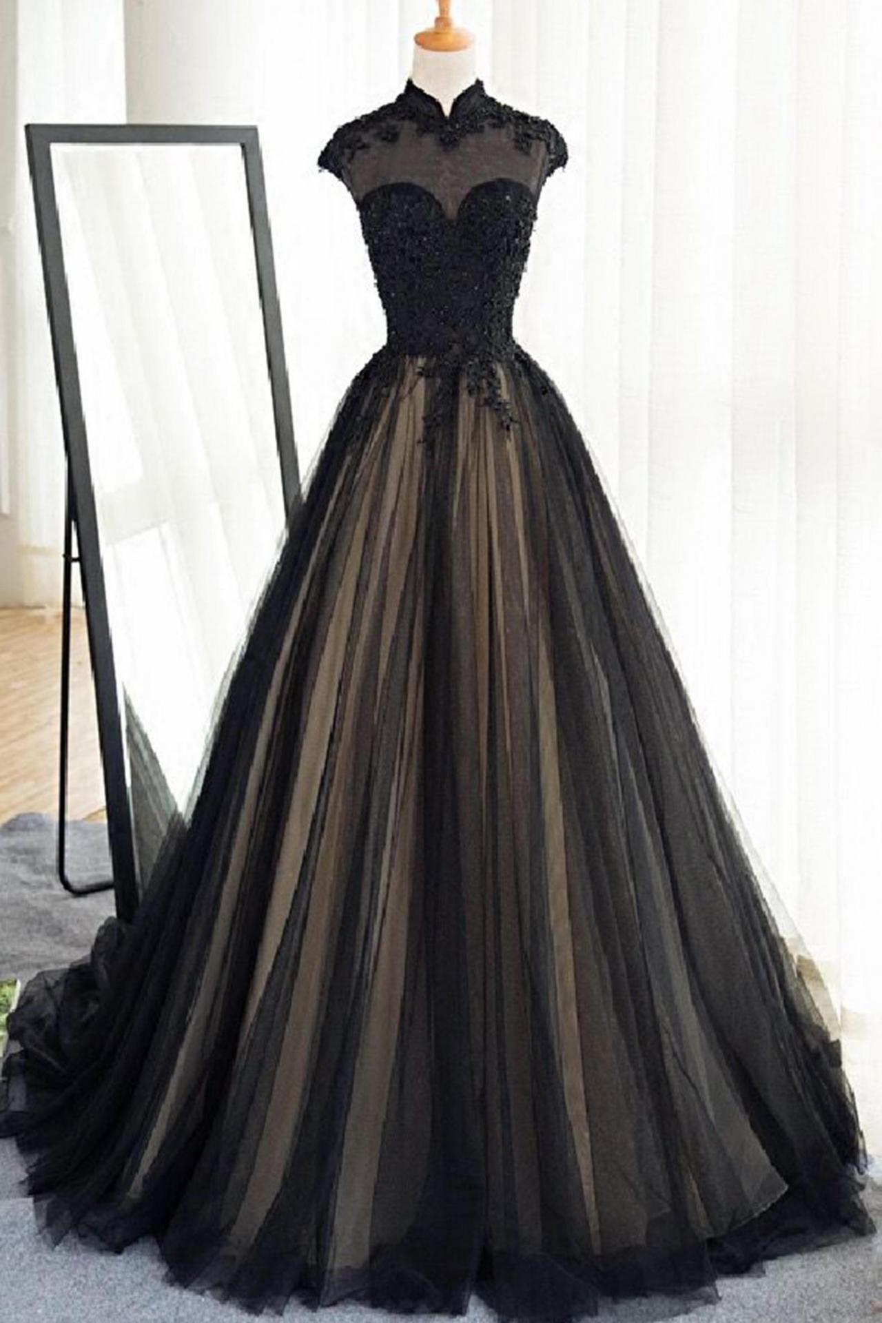 P3465 Black Tulle Cap Sleeves Floor-length Long Prom Dresses,luxury Dresses