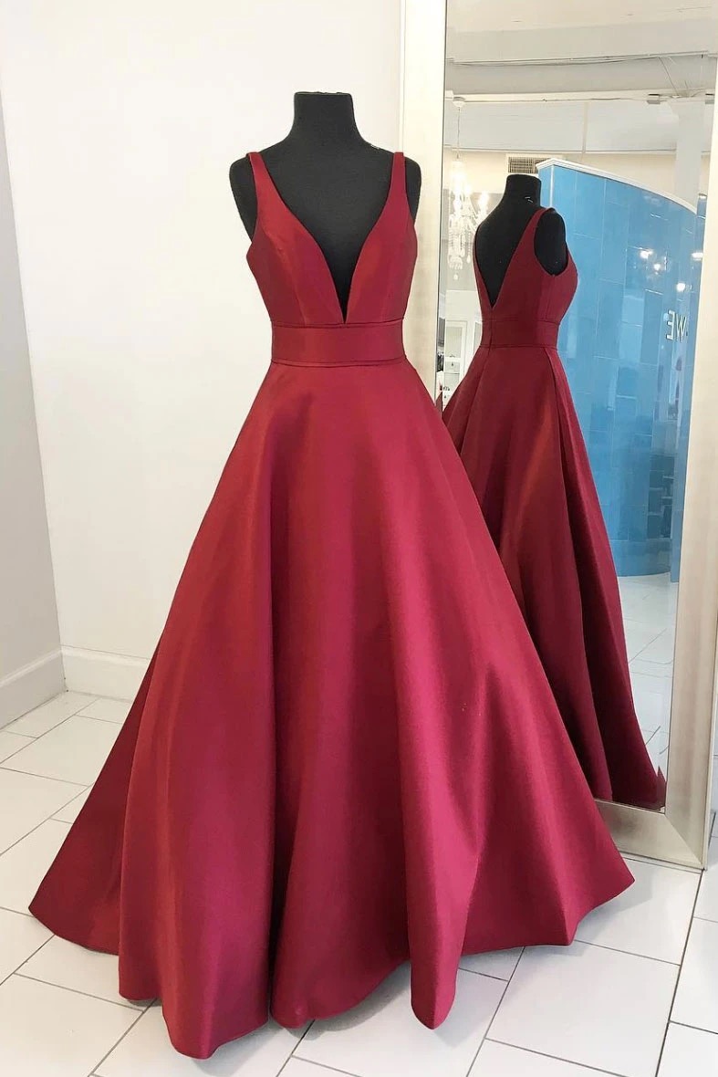 P3470 Simple Burgundy Satin V Neck Long A Line Prom Dress Formal Dress Evening Dress 2021