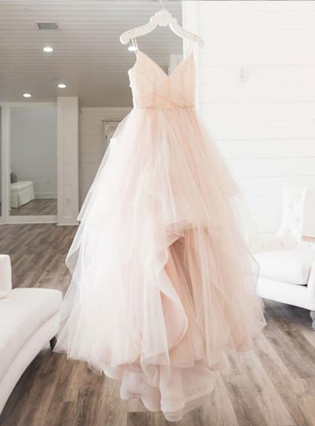 P3472 Blush Pink Tulle V Neck Long Prom Dress, Long 2021 Evening Dress