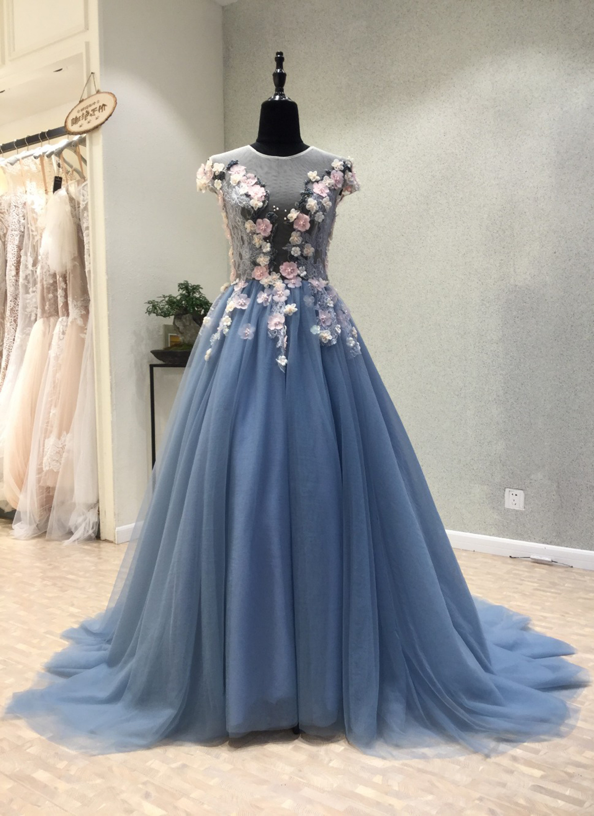 P3473 Blue Tulle See Through Back Long 3d Lace Flower Evening Dress, Long Senior Prom Dress With Cap Sleeves