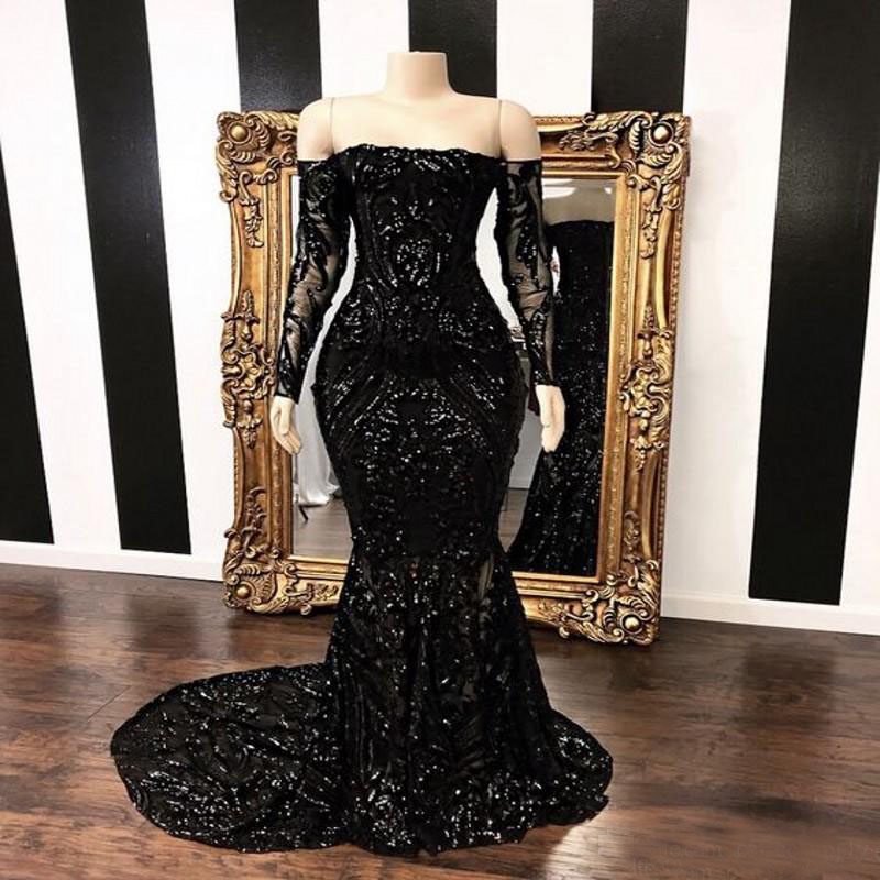 P3474 Black Off The Shoulder Mermaid Prom Party Dresses 2021 Long Sleeve Sweep Strain Sequined Formal Evening Gowns