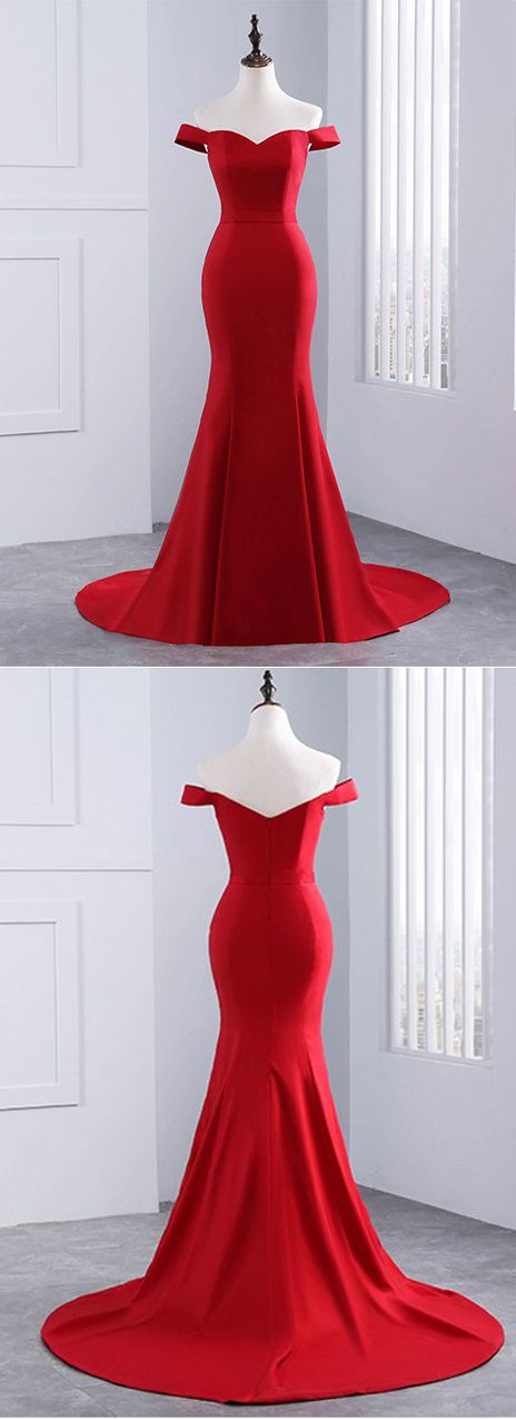 P3479 Elegant Red Off The Shoulder Prom Dress, Sweetheart Mermaid Long Evening Gown With Sweep Train