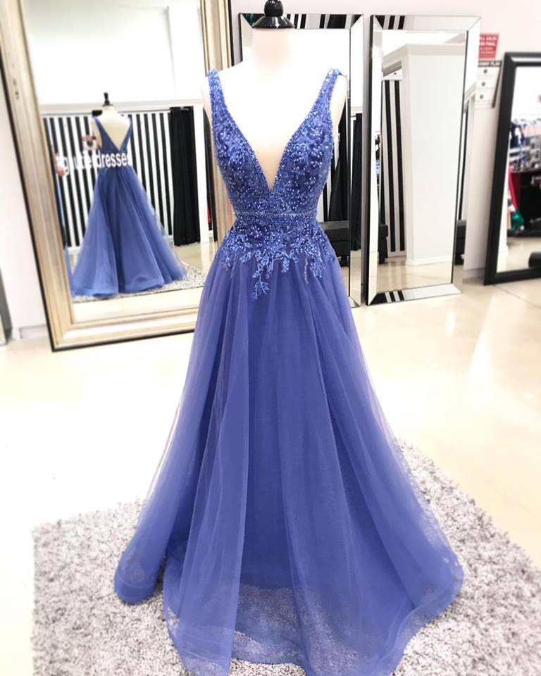 P3483 Sexy V Neck Tulle Prom Dress, A Line Appliques Prom Dresses , Long Evening Dress