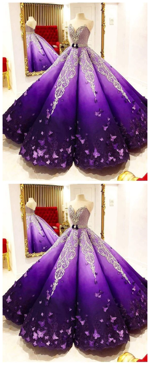 P3493 Strapless Butterfly Quinceanera Dress Purple Ball Gown