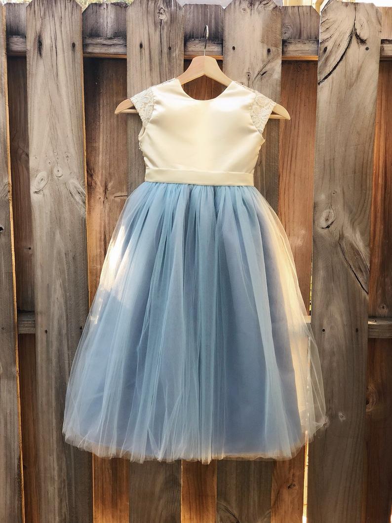 Fg3494 Dusty Blue Flower Girl Dress, Floor Length Dusty Blue Satin And Lace Flower Girl Dress, Baptism Dress, Formal Girl Dress, Dusty Blue