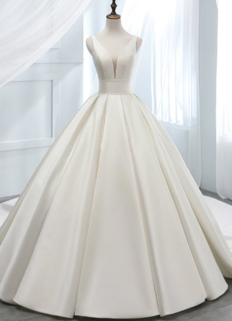 W3507 Elegant White Ball Gown Satin V-neck Backless Wedding Dress