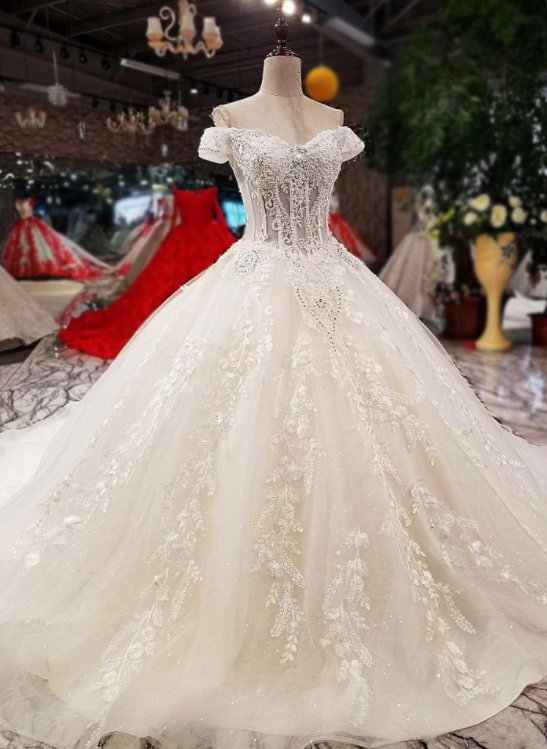 W3512 Attractive Tulle Off-the-shoulder Neckline Ball Gown Wedding Dress With Lace Appliques & Beadings