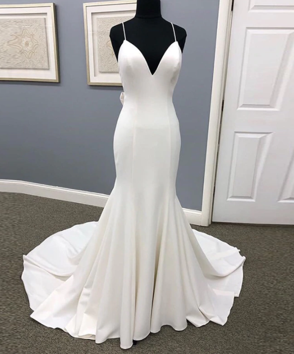 W3519 Real Photos Mermaid Wedding Dresses Spaghetti Straps White Ivory Sleeveless Bridal Dress Bow Backless Vestido De Noiva
