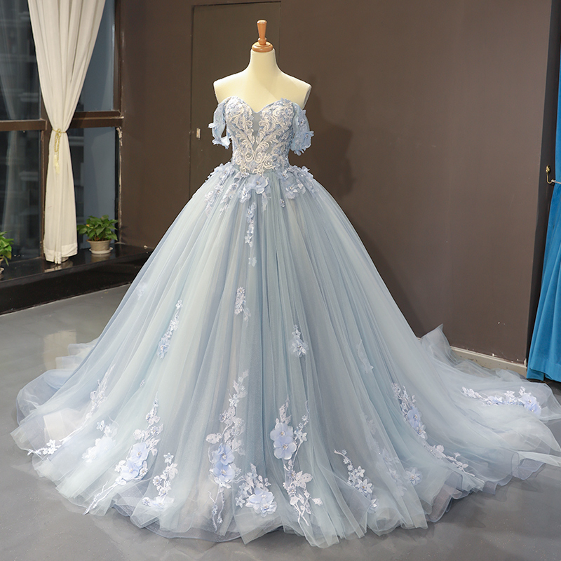W3522 Glamorous Ball Gown Off The Shoulder Light Blue Long Prom/evening Dress With Appliques