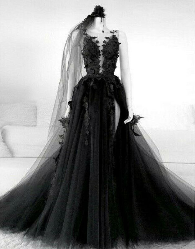 P3526 Black Tulle Lace Long Prom Dress Black Tulle Lace Evening Dress
