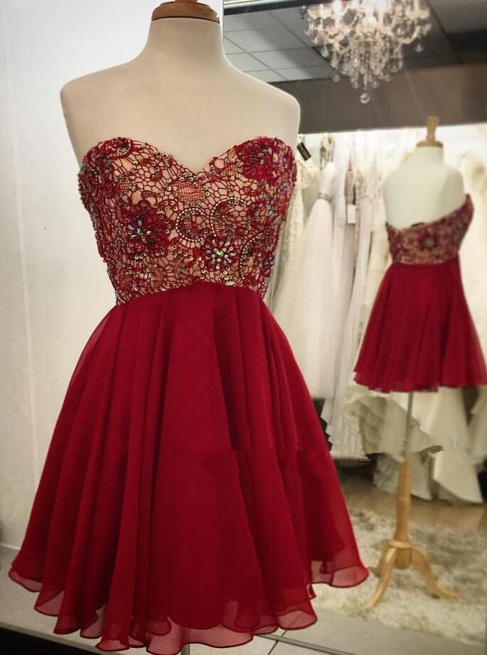 H3530 Empire Waist Prom Dress,red Lace Short Prom Dress ,chiffon Short Homecoming Dresses ,burgundy Beaded Sweetheart Homecoming Dress,wedding