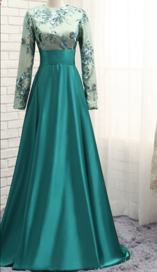 P3536 Charming Prom Dress, Long Sleeve Appliques Evening Dress, A Line Prom Dresses