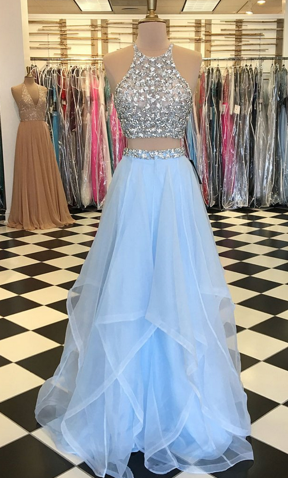 P3537 Tulle Light Blue Prom Dresses, Crystal Beaded Two Piece Prom Dresses, Long Evening Dress