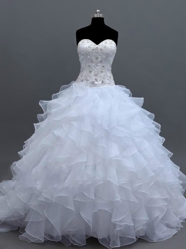 W3548 Bead Bodice Cascading Ruffles Ball Gown Wedding Dress