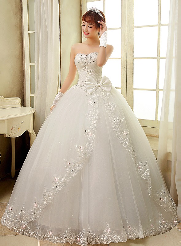 W3551 Bowknot Beaded Appliques Ball Gown Wedding Dress
