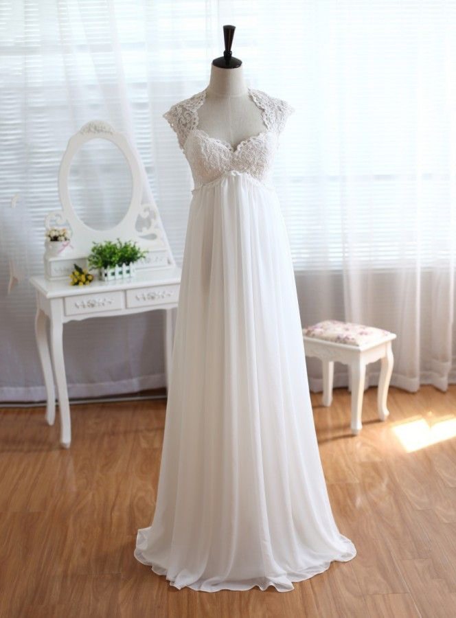 W3552 Empire Waist Backless Lace Beach Wedding Dress