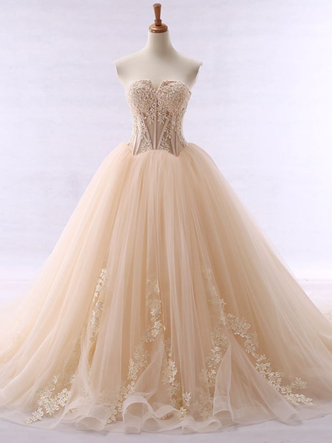 W3553 Strapless Appliques Bodice Ball Gown Wedding Dress