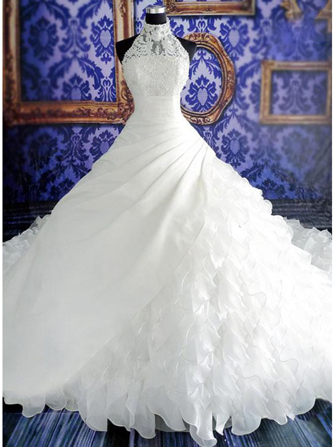 W3559 Appliques Cascading Ruffles Pearls Ball Gown Wedding Dress
