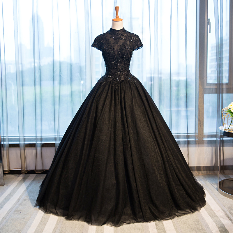 P3573 Vintage High Neck Black Wedding Dresses Cap Sleeves Applique Lace Beading Corset Ball Gown Wedding Dress Gothic Bridal Gown