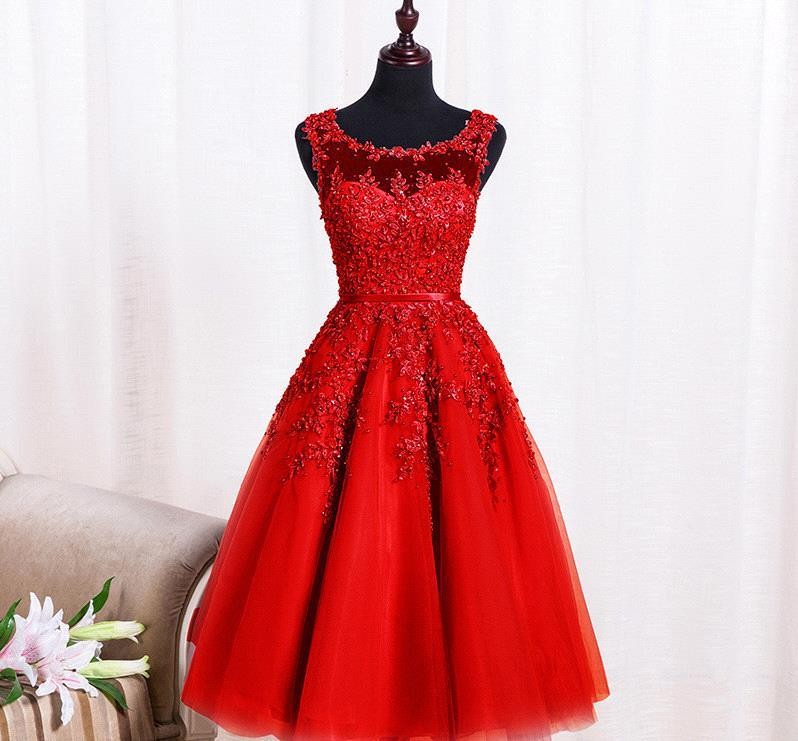H3574 Red Beaded Lace Appliques Short Prom Dresses Robe Knee Length Party Evening Dress