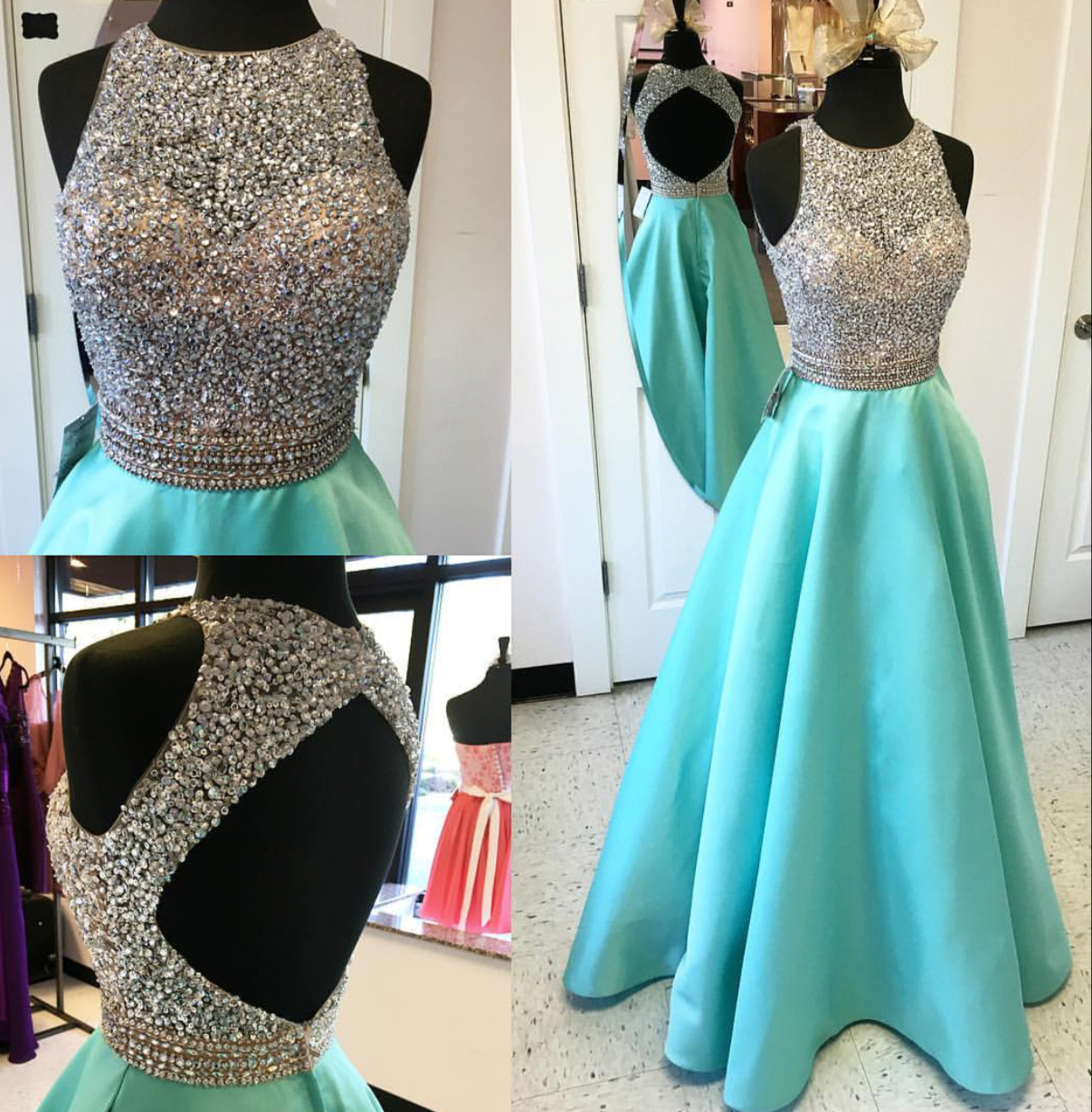 P3579 Modest Aqua Evening Dresses ,with Sheer Neckline Jewel Prom Dress,a Line Satin Prom Dresses,see Through Hollow Back Designer Sequin Beading