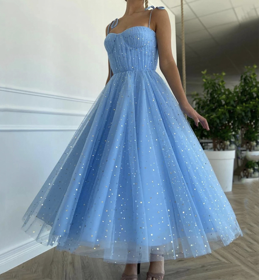 H3590 Blue Tulle Tea Length Prom Dress Blue Evening Dress