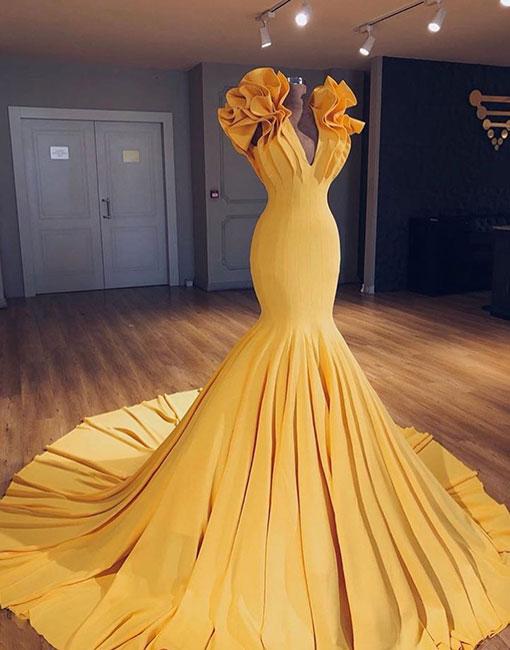P3596 Sexy Unique Party Dress Yellow V Neck Long Prom Gown,mermaid Evening Dress