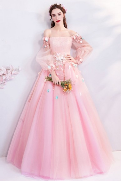 P3600 Fairy Pink Butterfly Off Shoulder Poofy Prom Dress With Long Sleeves