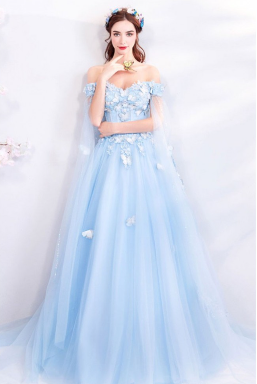 blue quince dresses with butterflies Light Sky Blue Ball Gown Long Formal Dress Pink 3D Floral Quinceanera –  SELINADRESS main image 0