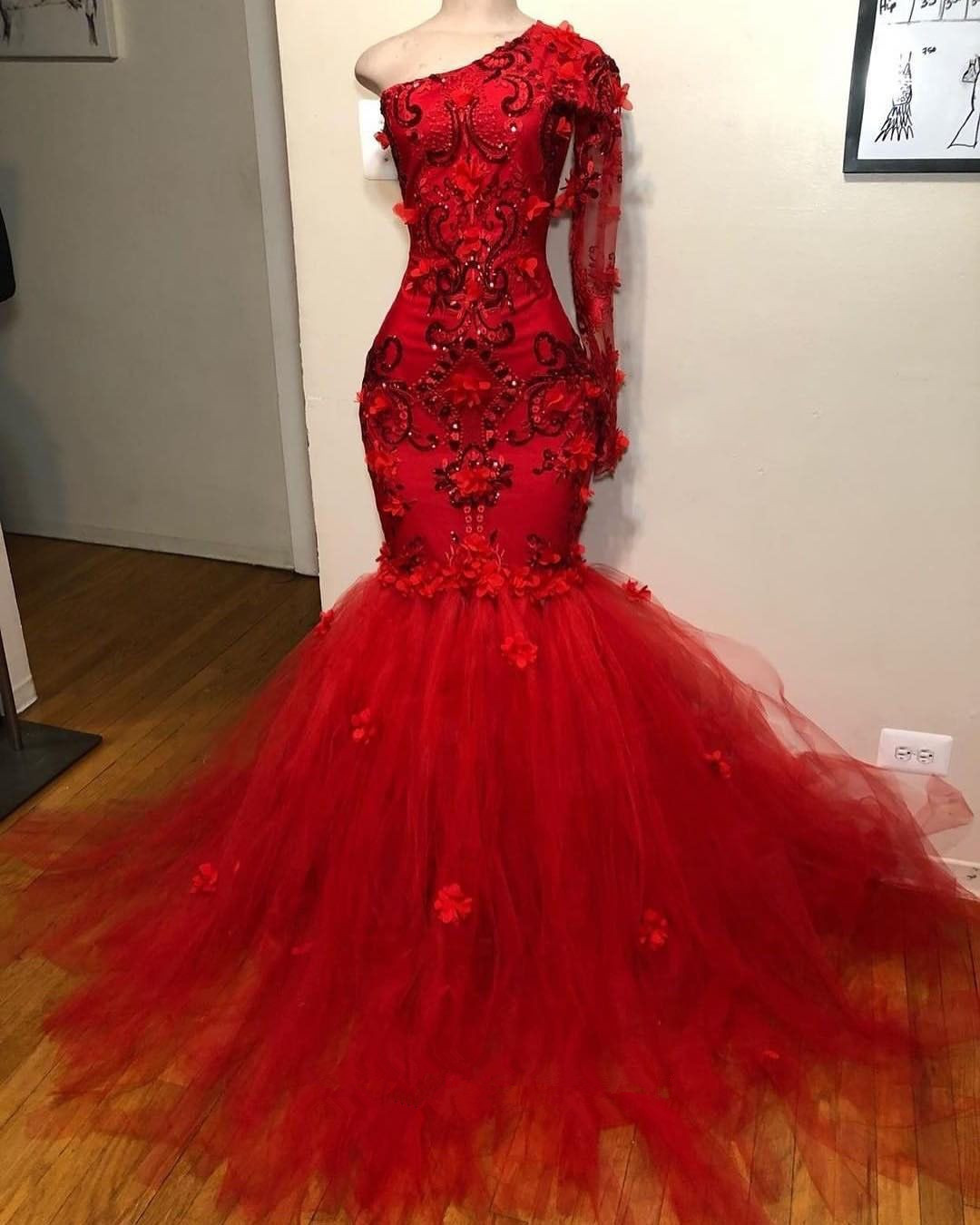 P3612 One Shoulder Mermaid Red Prom Dress,tulle Beaded Prom Dresses,red Evening Dresses,