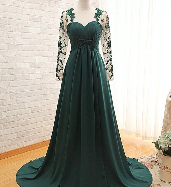 P3618 Handmade Long Sleeve Prom Dress Pleated Dark Green Long Sleeve, Bridesmaid Dresses, Party Dresses, Evening Dresses