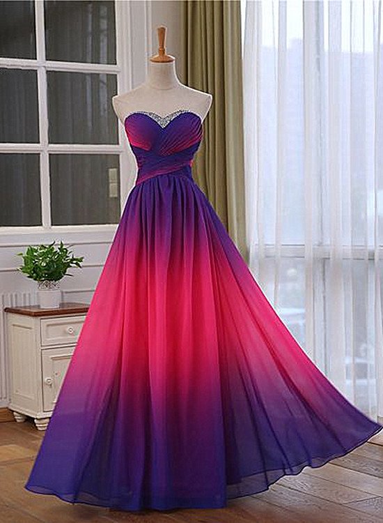 P3621 Unique Gradient Chiffon Beaded Long Prom Dress, A-line Floor Length Formal Dress