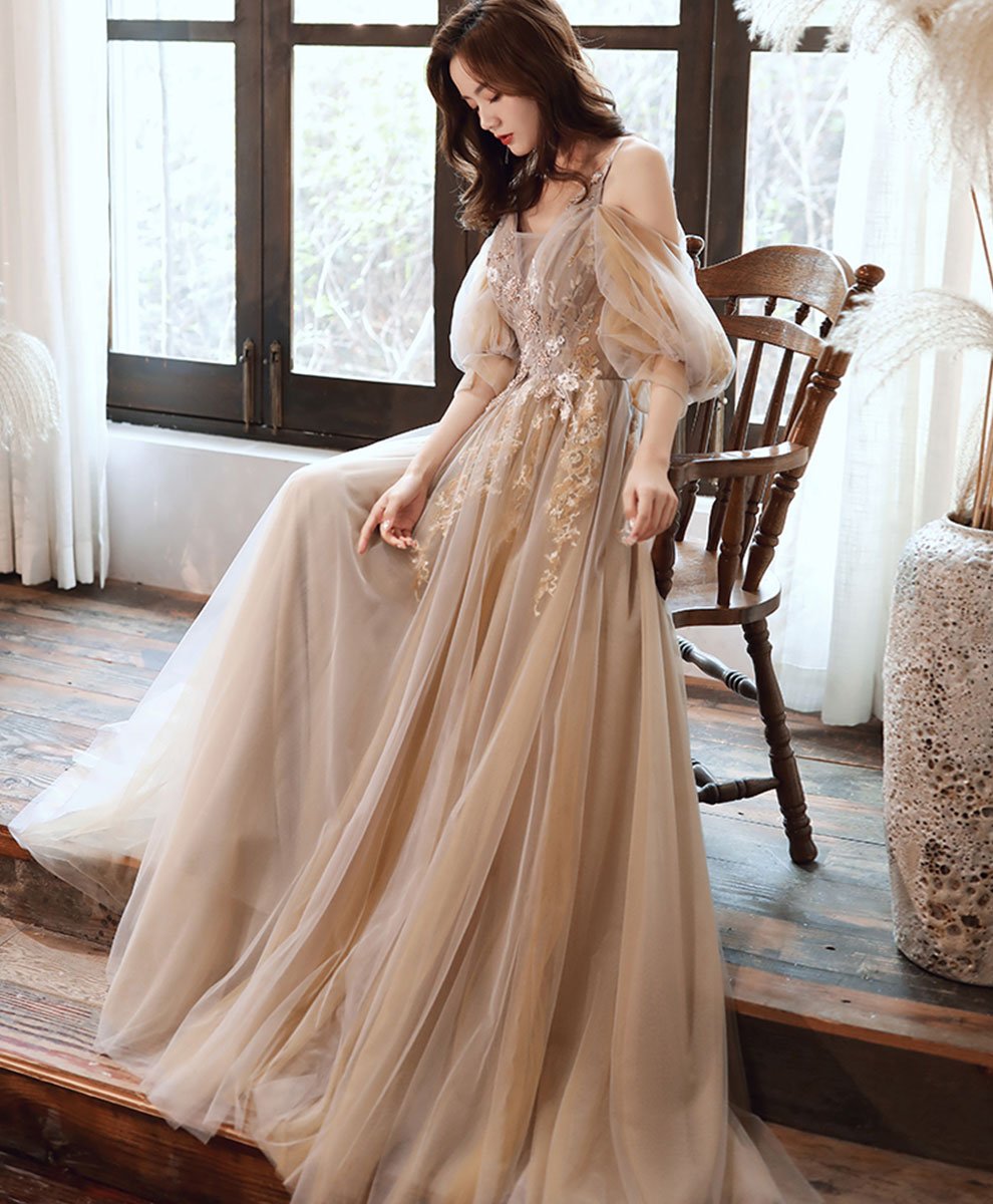 P3620 Beautiful Puffy Sleeves Champagne Floor Length Evening Dress, Long Flowers Prom Dress