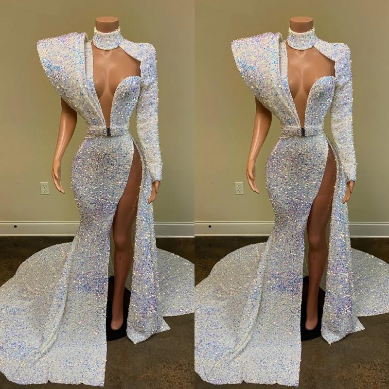 P3648 Gorgeous Sequin Long Mermaid Prom Dresses 2021 Sexy High Slit Sheer High Neck Single Long Sleeve African Black Girl Prom Dress